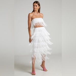 Amalee Fringe Strapless Bandeau Crop Top and MIDI Skirt Two Piece Set in White